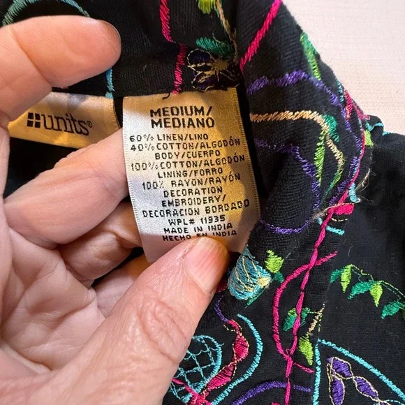 Vintage Units Linen Blend Embroidered Paisley Jacket Medium Black Boho Shirt - Picture 6 of 11